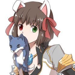 Rule 34 | 1girl, animal ears, bow, brown hair, chain, coat, commentary request, dog, dog ears, gem, green eyes, grey coat, hair bow, heterochromia, jewelry, long sleeves, looking at viewer, mouth hold, natsuya (kuttuki), necklace, puppy, ragnarok online, red bow, red eyes, short hair, simple background, upper body, warlock (ragnarok online), white background, wolf, wolf (ragnarok online)
