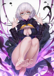 Rule 34 | 1girl, belt, black dress, black jacket, blue eyes, breasts, cleavage, cropped jacket, dress, fate/grand order, fate (series), glasses, grey hair, hong (white spider), jacket, jacques de molay (foreigner) (fate), large breasts, long sleeves, looking at viewer, open clothes, open jacket, short dress, short hair, thighs