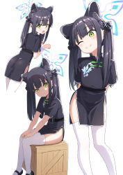 Rule 34 | 1girl, ;), animal ear fluff, animal ears, ass, black dress, black footwear, black hair, blue archive, blush, china dress, chinese clothes, closed mouth, commentary request, crate, cropped legs, dress, green eyes, halo, hands up, head tilt, heijialan, highres, long hair, looking at viewer, looking back, multiple views, one eye closed, paw pose, shoes, short sleeves, shun (blue archive), shun (small) (blue archive), simple background, sitting, smile, standing, thighhighs, twintails, white background, white thighhighs