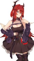 Rule 34 | 1girl, absurdres, arknights, bare shoulders, black dress, black jacket, black thighhighs, breasts, cleavage, commentary, dress, hair between eyes, hair intakes, hand on own hip, hand up, head tilt, highres, jacket, long hair, long sleeves, looking at viewer, medium breasts, off shoulder, open clothes, open jacket, petticoat, pomerui, purple eyes, red hair, simple background, solo, standing, surtr (arknights), thighhighs, white background