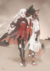 Rule 34 | 1boy, 1girl, aak (arknights), animal ears, arknights, arm around shoulder, arm over shoulder, artist name, bandaged arm, bandages, bandaid, bandaid on face, black pantyhose, bracelet, brown hair, cat boy, cat ears, cat tail, chinese commentary, commentary request, dress, ear piercing, earrings, full body, furry, furry male, hair over one eye, jacket, jewelry, korukun, long hair, long sleeves, looking at viewer, open mouth, pantyhose, piercing, pointy ears, red dress, red eyes, red footwear, shoes, short hair, tail, torn clothes, torn legwear, walking, warfarin (arknights), warfarin (elite ii) (arknights), white hair, white jacket