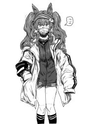 Rule 34 | 1girl, a tea, angelina (arknights), animal ears, arknights, armband, blush, fox ears, greyscale, hairband, hand in pocket, highres, jacket, kneehighs, long hair, looking at viewer, mask, monochrome, mouth mask, rope marks, simple background, socks, solo, speech bubble, tears, trembling, twintails, white background