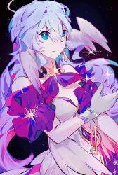 Rule 34 | 1girl, absurdres, bead bracelet, beads, blue eyes, blue hair, bracelet, breasts, closed mouth, cowboy shot, detached sleeves, dress, gloves, hair between eyes, halo, hand up, head wings, highres, honkai: star rail, honkai (series), jewelry, large breasts, long hair, looking at viewer, peko teupel, purple sleeves, robin (honkai: star rail), short sleeves, sidelocks, smile, solo, sparkle, strapless, strapless dress, white dress, white gloves, wings