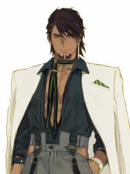 Rule 34 | 1boy, beard, bracelet, breasts, brown eyes, brown hair, cleavage, creamyghost, dark-skinned male, dark skin, earrings, facial hair, highres, jacket, jacket on shoulders, jewelry, kaburagi t. kotetsu, male focus, mature male, open clothes, open shirt, pants, short hair, simple background, sleeves rolled up, solo, tiger &amp; bunny, unbuttoned, unbuttoned shirt, upper body, white background, white jacket