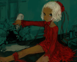 Rule 34 | 1girl, baby bottle, black eyes, bottle, commentary request, dark-skinned female, dark skin, dohi, dress, frown, green background, hat, highres, hole in wall, long sleeves, looking at viewer, original, pouring, red dress, red ribbon, ribbon, short hair, solo, traditional media, white hair