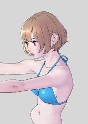 Rule 34 | 1girl, bikini, bikini top only, blue bikini, bob cut, brown hair, from side, grey background, hair behind ear, highres, looking ahead, midriff, navel, original, outstretched arms, parted lips, peco (pockleberry), pink eyes, short hair, simple background, solo, string bikini, swimsuit, upper body