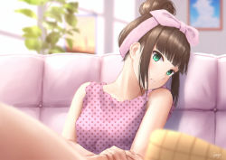 Rule 34 | 1girl, artist name, bad id, bad pixiv id, bare shoulders, blunt bangs, blurry, blush, brown hair, couch, depth of field, dress, green eyes, hair bun, hair ribbon, hairband, hand on own arm, head tilt, indoors, kurosawa dia, living room, long hair, looking at viewer, love live!, love live! school idol festival, love live! sunshine!!, mole, mole under mouth, on couch, papi (papiron100), parted lips, pillow, pink dress, pink hairband, pink ribbon, plant, polka dot, polka dot dress, potted plant, ribbon, sidelocks, single hair bun, sleeveless, sleeveless dress, solo, upper body