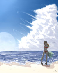Rule 34 | 1girl, arm behind back, bad id, bad pixiv id, beach, bikini, breasts, cleavage, cloud, day, full body, full moon, headdress, kantai collection, large breasts, light brown hair, littorio (kancolle), long hair, moon, neve (morris-minicooper), ocean, outdoors, red bikini, sand, scenery, signature, sky, solo, standing, swimsuit, waving