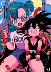 Rule 34 | 1boy, 1girl, absurdres, age difference, aircraft, bandaid, bandaid on leg, black eyes, black footwear, black hair, blue eyes, blue hair, blue sky, breasts, brown gloves, bulma, character name, child, clenched hand, clothes writing, cloud, cloudy sky, day, denim, denim shorts, dot nose, dougi, dragon ball, dragon ball (classic), expressionless, eyelashes, facing viewer, fingerless gloves, fingernails, food-themed hair ornament, frown, gloves, hair ornament, hair strand, hair tie, hand on another&#039;s shoulder, highres, kodama (marugoto omikan), large breasts, light blush, looking at viewer, medium breasts, medium hair, monkey tail, on chair, one side up, open mouth, parted lips, pectorals, shirt, shirt tucked in, shoes, short shorts, shorts, side ponytail, sitting, sitting on lap, sitting on person, sky, son goku, spiked hair, strawberry hair ornament, sun, swept bangs, tail, thick thighs, thighs, v-shaped eyebrows, vehicle interior, viewfinder, white shirt, wristband