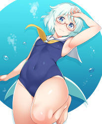 Rule 34 | 1girl, air bubble, animal ears, aqua hair, arm up, blue eyes, breasts, bubble, cowboy shot, fins, glasses, hand on forehead, highleg, highleg swimsuit, honda naoki, murenase! shiiton gakuen, one-piece swimsuit, open mouth, red-framed eyewear, sailor collar, semi-rimless eyewear, shiiton gakuen school uniform (sea branch), shiraumi kana, short hair, small breasts, solo, swimsuit, tail, thighs, under-rim eyewear, underwater, water, whale girl, white hair, yellow neckwear