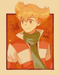 Rule 34 | 1boy, barry (pokemon), blonde hair, blush, border, closed mouth, commentary request, creatures (company), game freak, gen 4 pokemon, green scarf, highres, jacket, long sleeves, looking to the side, male focus, multiple views, nintendo, omyo (myomyomyo22), orange eyes, orange jacket, piplup, pokemon, pokemon dppt, pokemon platinum, scarf, short hair, signature, smile, striped clothes, striped scarf