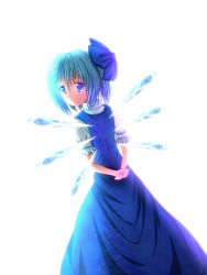 Rule 34 | 1girl, arms behind back, bad id, bad pixiv id, blue eyes, blue hair, blush, bow, cirno, crying, dress, hair bow, highres, ice, ice wings, kanntokuxxx, looking back, matching hair/eyes, short hair, smile, solo, tears, touhou, wings