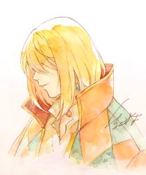 Rule 34 | 1boy, akagi shun, bad id, bad pixiv id, blonde hair, blouse, cape, commentary, covered eyes, earrings, from side, hair between eyes, hair over eyes, high collar, howl (howl no ugoku shiro), howl no ugoku shiro, jewelry, light smile, long hair, male focus, multicolored cape, multicolored clothes, parted lips, profile, shirt, signature, simple background, solo, white background, white shirt