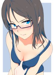 Rule 34 | 1girl, bare shoulders, black-framed eyewear, black hair, blue background, blue eyes, blush, bra, breasts, cleavage, clothes pull, collarbone, from above, glasses, head tilt, hi iro, highres, long hair, looking at viewer, looking up, medium breasts, mole, mole on breast, nail polish, nose blush, original, outside border, parted bangs, pink lips, pink nails, pulling another&#039;s clothes, semi-rimless eyewear, simple background, solo focus, straight hair, tank top, under-rim eyewear, underwear, upper body, v-shaped eyebrows, white bra