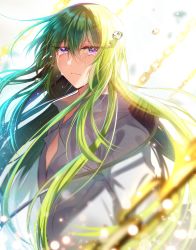 Rule 34 | 1boy, backlighting, bad id, bad pixiv id, blurry, blurry foreground, blush, chain, closed mouth, collared shirt, commentary request, crying, crying with eyes open, depth of field, enkidu (fate), fate/grand order, fate (series), green hair, hair between eyes, highres, kingu (fate), long hair, looking at viewer, male focus, purple eyes, rijjin, shirt, solo, tears, upper body, very long hair, white shirt