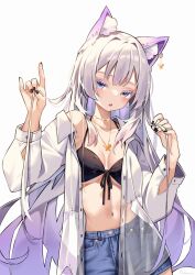 Rule 34 | 1girl, absurdres, animal ear fluff, animal ears, bikini, bikini top only, black bikini, black nails, blue shorts, breasts, butterfly necklace, cat ears, collarbone, denim, denim shorts, highres, index finger raised, indie virtual youtuber, kuri (animejpholic), long hair, looking at viewer, midriff, nail polish, navel, parted lips, purple hair, see-through, see-through shirt, shorts, signature, simple background, solo, standing, swimsuit, virtual youtuber, white background, yuni nya