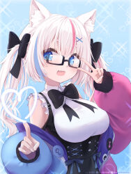 Rule 34 | absurdres, amatou (ko me 9), animal ear fluff, animal ears, black bow, blue eyes, blue hair, bow, breasts, cat ears, glasses, grey hair, heart, highres, indie virtual youtuber, izayoi aotuki, jacket, large breasts, looking at viewer, multicolored hair, open clothes, open jacket, open mouth, pink hair, smile, solo, streaked hair, twintails, v, virtual youtuber