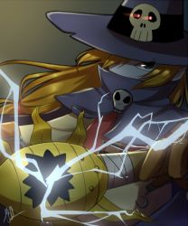 Rule 34 | blonde hair, cape, digimon, digimon (creature), digimon adventure, electricity, gloves, glowing, glowing eyes, green eyes, hair over one eye, hat, long hair, low-tied long hair, masa (ww5320), md5 mismatch, no humans, pointy ears, red eyes, resolution mismatch, skull, solo, source larger, staff, wizard hat, wizarmon, zipper