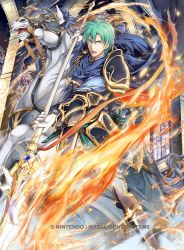 Rule 34 | 1boy, aqua eyes, armor, blue armor, blue cape, cape, commentary request, company name, copyright name, embers, ephraim (fire emblem), fire, fire emblem, fire emblem: the sacred stones, fire emblem cipher, gem, gloves, greaves, green hair, holding, holding polearm, holding spear, holding weapon, indoors, male focus, nintendo, official art, pants, polearm, serious, solo, spear, stained glass, weapon, white gloves, white pants, yamada koutarou