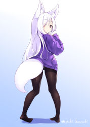 Rule 34 | 1girl, animal ear fluff, animal ears, brown pantyhose, eyes visible through hair, fox ears, fox girl, fox tail, from behind, full body, hair over one eye, hand up, highres, long hair, long sleeves, looking at viewer, looking back, no shoes, original, pantyhose, purple sweater, red eyes, silver hair, simple background, sleeves past wrists, solo, sweater, tail, twitter username, very long hair, yuki kawachi