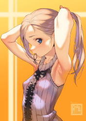 Rule 34 | 1girl, armpits, arms up, bare shoulders, blue eyes, blush, breasts, center frills, collarbone, commentary request, frills, hair tie, hair tie in mouth, highres, kink (tortoiseshell), light brown hair, long hair, looking at viewer, mouth hold, original, ponytail, profile, ribbed sweater, sleeveless, sleeveless turtleneck, small breasts, solo, sweater, turtleneck, tying hair, upper body