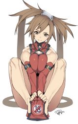 Rule 34 | 1girl, bare shoulders, breasts, breasts squeezed together, brown eyes, brown hair, closed mouth, commentary request, dress, full body, guilty gear, hair ornament, head tilt, kuma (jk0073), kuradoberi jam, long hair, looking at viewer, medium breasts, red dress, shiny clothes, signature, simple background, sitting, thighs, white background