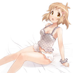 Rule 34 | 10s, 1girl, :o, antenna hair, arm support, bare legs, bare shoulders, bed sheet, breasts, camisole, cleavage, flying sweatdrops, hair ornament, highres, light brown hair, looking at viewer, midriff, navel, open mouth, polka dot, scar, senki zesshou symphogear, short hair, shorts, sitting, solo, sweat, tachibana hibiki (symphogear), unyon, yellow eyes