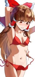Rule 34 | 1girl, aiueo sakubun, armpits, arms behind head, arms up, bikini, blush, bow, breasts, brown eyes, brown hair, clenched teeth, commentary request, cowboy shot, frilled bow, frilled hair tubes, frills, hair between eyes, hair bow, hair tubes, hakurei reimu, highres, long hair, looking down, medium breasts, navel, red bikini, red bow, side-tie bikini bottom, solo, swimsuit, teeth, touhou, v-shaped eyebrows, very long hair, wardrobe malfunction