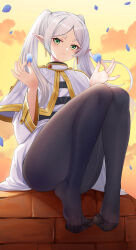 Rule 34 | 1girl, absurdres, black pantyhose, cang se ye hua, capelet, closed mouth, cloud, cloudy sky, convenient leg, dangle earrings, dress, earrings, elf, eyelashes, falling petals, feet, frieren, full body, gold trim, green eyes, grey hair, hands up, highres, holding, jewelry, knees up, legs, long hair, long sleeves, looking at viewer, no shoes, pantyhose, parted bangs, petals, pointy ears, short eyebrows, sidelocks, sitting, sky, smile, solo, sousou no frieren, thick eyebrows, thighs, toenails, toes, twintails, white capelet, white dress, yellow sky