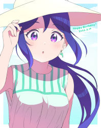 Rule 34 | 1girl, :o, adjusting clothes, adjusting headwear, artist name, artist request, blue hair, blush, breasts, close-up, dolphin earrings, dress, earrings, female focus, floating hair, hair between eyes, high ponytail, jewelry, long hair, looking at viewer, love live!, love live! sunshine!!, matsuura kanan, medium breasts, parted lips, ponytail, purple eyes, sleeveless, sleeveless dress, smile, solo, upper body, wavy hair, white dress, white headwear