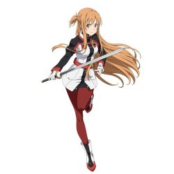 Rule 34 | 10s, 1girl, asuna (sao), brown eyes, brown hair, floating hair, gloves, holding, holding sword, holding weapon, leg up, long hair, looking at viewer, official art, pants, pantyhose, red pants, red pantyhose, simple background, solo, standing, standing on one leg, sword, sword art online, sword art online the movie: ordinal scale, very long hair, weapon, white background, white gloves