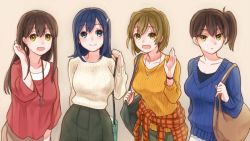 Rule 34 | 4girls, :d, akagi (kancolle), alternate costume, arm behind back, bag, black shirt, blue eyes, blue hair, blue sweater, breasts, brown hair, brown shirt, cleavage, clothes around waist, collarbone, green sweater, hair down, handbag, hiryuu (kancolle), jewelry, kaga (kancolle), kantai collection, large breasts, long hair, long sleeves, looking at viewer, mitsuyo (mituyo324), multiple girls, necklace, official alternate costume, open mouth, orange sweater, pink background, red shirt, ribbed sweater, shirt, shirt around waist, side ponytail, simple background, smile, souryuu (kancolle), sweater, upper body, watch, white sweater, wristwatch, yellow eyes