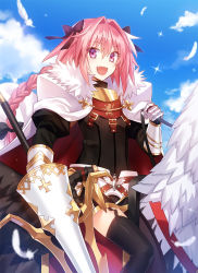 Rule 34 | 1boy, :d, astolfo (fate), black bow, black dress, black legwear, black ribbon, blue sky, bow, braid, cape, cloud, day, dress, eyebrows, fang, fate/apocrypha, fate/grand order, fate (series), feathers, fur cape, fuyuki (neigedhiver), garter straps, gauntlets, hair bow, hair ribbon, highres, hippogriff, horseback riding, lance, long hair, looking at viewer, male focus, open mouth, pink eyes, pink hair, polearm, ribbon, riding, short dress, single braid, sky, smile, thighhighs, trap, weapon, white cape