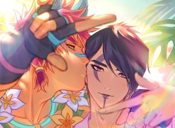Rule 34 | 2boys, animal ears, aphelios, bandaid, bandaid on face, bandaid on nose, black gloves, black hair, brown eyes, closed mouth, couple, facial mark, fingerless gloves, flower, flower necklace, gloves, highres, imone illust, jewelry, kiss, kissing cheek, league of legends, looking at viewer, male focus, multiple boys, necklace, official alternate costume, pool party sett, purple eyes, red hair, sett (league of legends), short hair, smile, yaoi