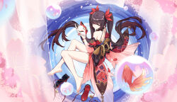 Rule 34 | 1girl, absurdres, bare back, bare legs, bare shoulders, barefoot, black footwear, black hair, commentary, czk, detached sleeves, dress, fox mask, highres, holding, holding mask, honkai: star rail, honkai (series), long hair, looking at viewer, mask, red dress, shoes, short sleeves, smile, solo, sparkle (honkai: star rail), thighs, twintails, unworn shoes, very long hair