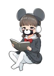 Rule 34 | 1girl, animal ears, atg (wttoo0202), bad id, bad twitter id, black skirt, blush, book, bow, bowtie, child, earmuffs, fake animal ears, highres, holding, holding book, mask, mickey mouse ears, mouth mask, original, pantyhose, purple eyes, reading, red bow, red bowtie, sailor collar, short twintails, simple background, sitting, skirt, solo, twintails, white background, white pantyhose, white sailor collar