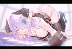 Rule 34 | 1girl, :d, ass, beer mug, black panties, black thighhighs, bottomless, breasts, bright pupils, cleavage, commentary request, cup, dimples of venus, draph, drooling, drunk, dutch angle, fang, granblue fantasy, hair ornament, hair over one eye, horns, large breasts, letterboxed, long hair, looking at viewer, lying, mug, nail polish, narmaya (granblue fantasy), open mouth, panties, panties around leg, pointy ears, purple eyes, purple hair, revision, sidelocks, skin fang, smile, solo, stirrup legwear, thighhighs, toeless legwear, top-down bottom-up, underwear, white pupils, xiaoshou xiansheng