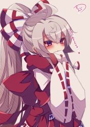 Rule 34 | 1girl, blush, fujiwara no mokou, grey hair, heart, highres, letter, long sleeves, love letter, muuran, open mouth, ponytail, red eyes, red ribbon, ribbon, ribbon-trimmed sleeves, ribbon trim, scarf, solo, touhou, translation request, wide sleeves