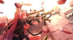 Rule 34 | 1girl, alternate costume, ammunition belt, animal ears, ar-15, assault rifle, black gloves, black skirt, blurry, blurry foreground, bullet, camouflage, commentary request, covered mouth, danmaku, finger on trigger, fingerless gloves, from side, frown, gloves, glowing, glowing eyes, gun, holding, holding gun, holding weapon, incoming attack, light purple hair, load bearing vest, long hair, military, military uniform, pink eyes, pink hair, profile, rabbit ears, red eyes, reisen udongein inaba, rifle, rooftop, scope, shell casing, short sleeves, skirt, sniper rifle, solo, strap, sunnysideup, tagme, touhou, uniform, very long hair, weapon, weapon request