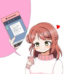 Rule 34 | 1girl, artist name, artist request, blush, braid, braided bun, breasts, cellphone, check translation, commentary request, female focus, green eyes, hair bun, half updo, heart, highres, holding, holding cellphone, holding phone, long sleeves, looking at viewer, love live!, love live! nijigasaki high school idol club, nail, nail polish, orange hair, parted lips, phone, pink nails, pink nails, red hair, short hair, side bun, single side bun, small breasts, smile, solo, sweater, translated, translation request, uehara ayumu, upper body, white background, white sweater, yellow eyes