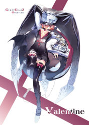 Rule 34 | 1girl, arc system works, arm up, black hat, black jacket, black skirt, black thighhighs, bow, breasts, breasts apart, closed mouth, clothes writing, copyright name, expressionless, full body, guilty gear, guilty gear 2, hair between eyes, hat, jacket, jitome, leg up, long sleeves, looking at viewer, looking up, lying, medium breasts, miniskirt, no bra, on back, open clothes, open jacket, orange hair, original, pink bow, red eyes, shin guards, shoes, short hair, simple background, skirt, skull, solo, thighhighs, ueda ryou, underboob, valentine (guilty gear), white background, white footwear, wide sleeves, zettai ryouiki
