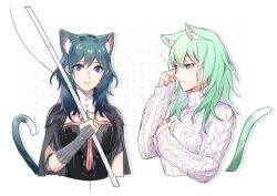 Rule 34 | 1girl, alternate costume, animal ears, armor, armored dress, bad id, bad twitter id, blue eyes, blue hair, breasts, byleth (female) (fire emblem), byleth (fire emblem), cape, cat ears, cat tail, clovisxvii, detached collar, fire emblem, fire emblem: three houses, fishing rod, green eyes, green hair, half-closed eyes, high collar, highres, long sleeves, looking at viewer, medium breasts, medium hair, multiple views, nintendo, patterned background, ribbed sweater, rubbing eyes, sleepy, sweater, tail, turtleneck, turtleneck sweater, upper body, vambraces, white background, white sweater