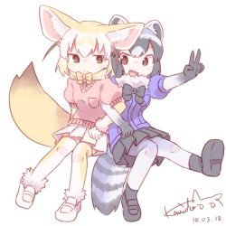 Rule 34 | 10s, 2girls, :d, animal ears, black hair, black skirt, blonde hair, bow, bowtie, colo (frypan soul), common raccoon (kemono friends), dated, extra ears, fang, fennec (kemono friends), food, fox tail, full body, grey hair, kemono friends, locked arms, looking at viewer, multicolored hair, multiple girls, open mouth, pleated skirt, puffy short sleeves, puffy sleeves, raccoon ears, raccoon tail, short sleeves, signature, simple background, skirt, smile, tail, v, white background, white hair, white skirt