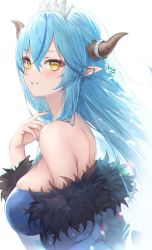 Rule 34 | 1girl, bare shoulders, blue hair, blue nails, blush, breasts, demon horns, from side, fur trim, hair between eyes, haoni, highres, hololive, horn ornament, horns, large breasts, long hair, looking at viewer, looking to the side, multicolored hair, nail polish, parted lips, pointy ears, simple background, smile, solo, streaked hair, upper body, virtual youtuber, white background, yellow eyes, yukihana lamy