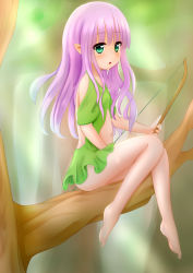 Rule 34 | 1girl, backless dress, backless outfit, barefoot, blush, bow (weapon), center opening, dress, forest, gradient background, green eyes, knees together feet apart, legs, long hair, nature, navel, neko miyabi (artist), open mouth, original, outdoors, pink hair, pointy ears, sitting, solo, tree, weapon