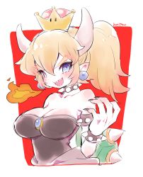 Rule 34 | 1girl, :d, artist name, bare shoulders, black dress, black nails, blonde hair, blue eyes, blush, bowsette, bracelet, breasts, breath weapon, breathing fire, brooch, cleavage, collar, commentary request, cropped torso, dress, fire, highres, horns, jewelry, large breasts, long hair, looking at viewer, maitou, mario (series), nail polish, new super mario bros. u deluxe, nintendo, open mouth, ponytail, red background, sharp teeth, smile, solo, spiked bracelet, spiked collar, spikes, strapless, strapless dress, super crown, teeth, thick eyebrows, two-tone background, white background