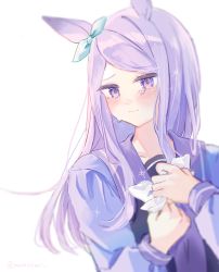Rule 34 | 1girl, animal ears, blue shirt, blush, bow, closed mouth, commentary request, ear ribbon, green ribbon, hands up, highres, holding, long hair, long sleeves, looking at viewer, mejiro mcqueen (umamusume), moko (mokochisa), purple eyes, purple hair, ribbon, school uniform, shirt, simple background, solo, swept bangs, tears, tracen school uniform, umamusume, upper body, white background