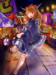 Rule 34 | 1girl, :d, alternate costume, bow, brown eyes, fang, festival, hair bow, highres, horns, ibuki suika, japanese clothes, kanrobi, kimono, light brown hair, looking at viewer, market stall, obi, open mouth, sandals, sash, smile, solo, stand, touhou