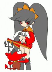 Rule 34 | 10s, 1boy, 1girl, ashley (warioware), bad id, bad pixiv id, black hair, blush, censored, clothes lift, demon tail, dress, dress lift, embarrassed, hairband, holding, holding stuffed toy, horns, inactive account, long hair, long twintails, looking at viewer, nintendo, nozo (abikoshi), panties, panty pull, polearm, red (warioware), red eyes, skull, stuffed toy, tail, trident, twintails, underwear, upskirt, warioware, weapon