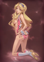 Rule 34 | 10s, 1girl, ass, blonde hair, boobies uniform, breasts, butt crack, crop top, front-tie top, hair censor, hair over breasts, hairband, honey (space dandy), lips, long hair, long legs, looking back, medium breasts, miyo (13th floor), parted lips, short shorts, shorts, sideboob, solo, space dandy, undone bra, untied, wrist cuffs